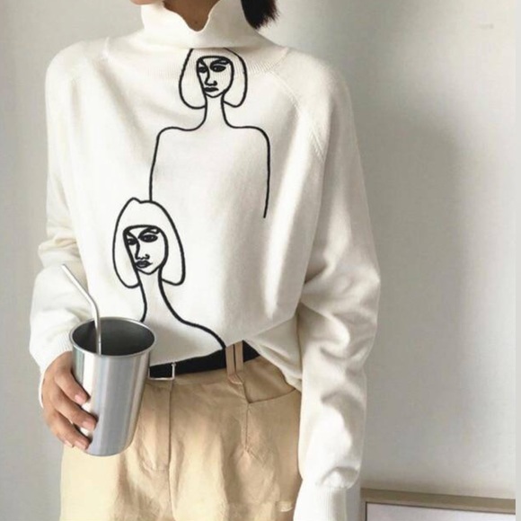 Vintage Sweaters - NWOT Women Embroidered Turtleneck Sweater White OS